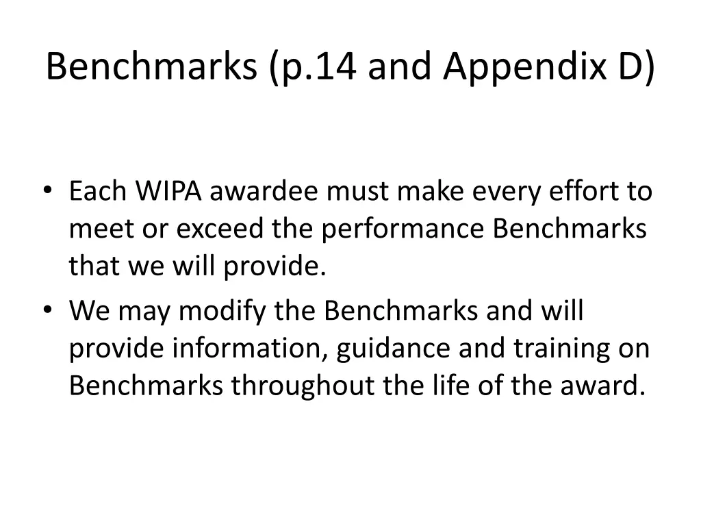 benchmarks p 14 and appendix d