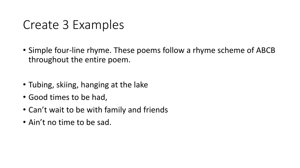 create 3 examples 1