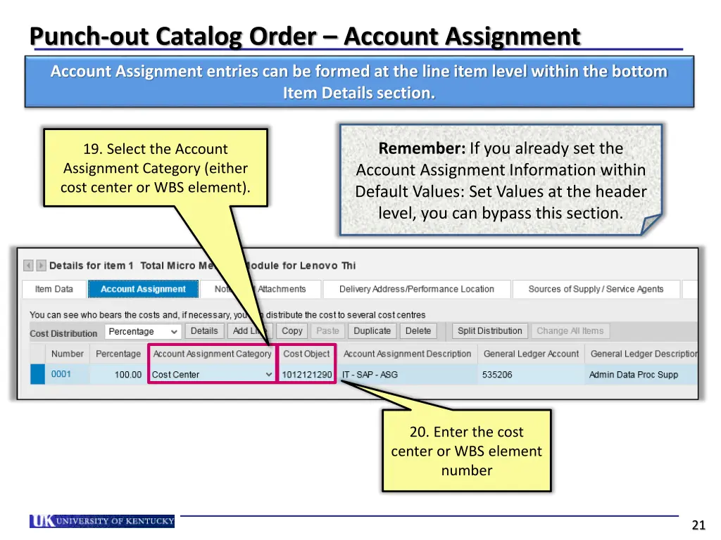 punch out catalog order account assignment