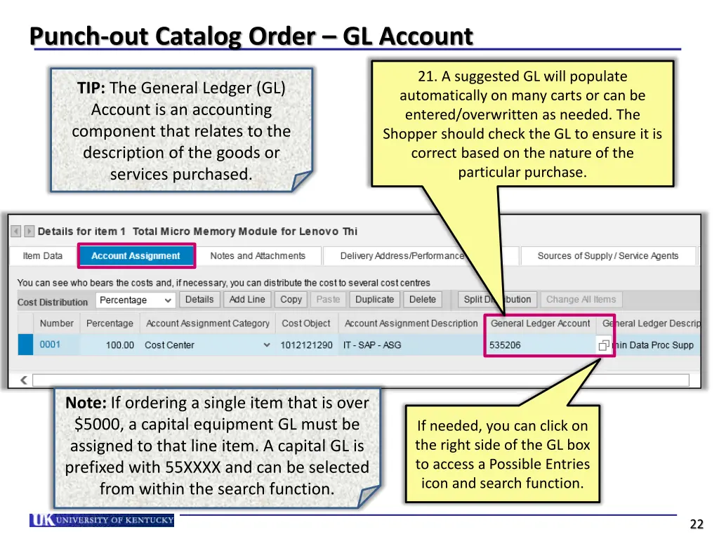 punch out catalog order gl account