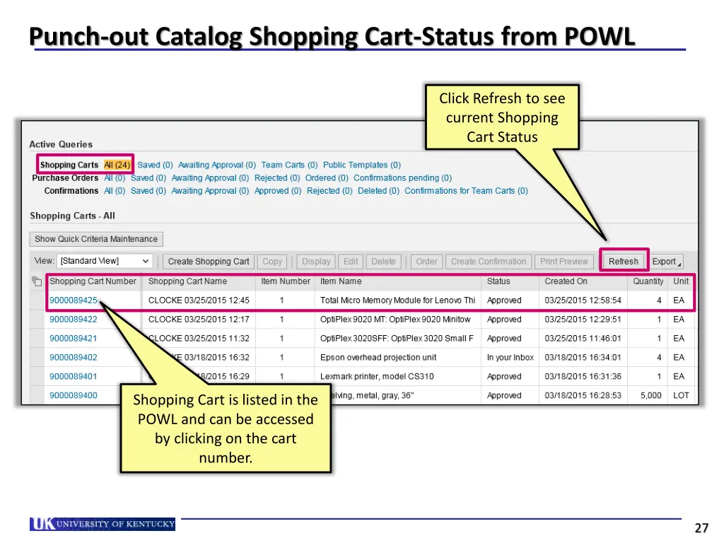 punch out catalog shopping cart status from powl