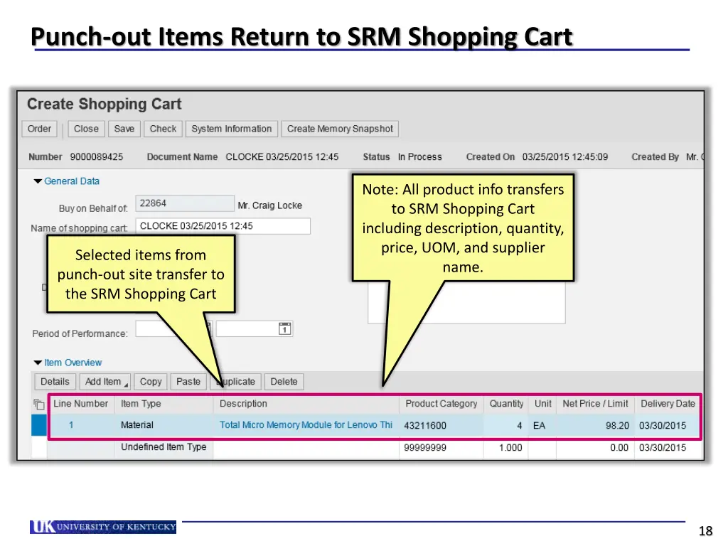punch out items return to srm shopping cart