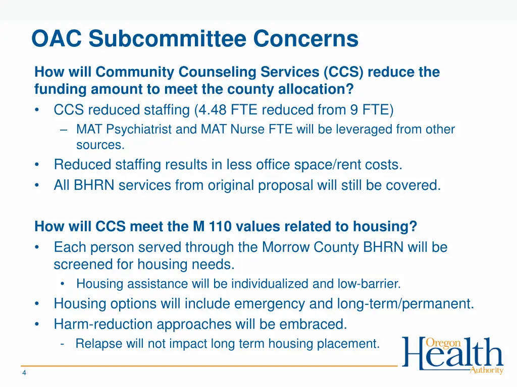 oac subcommittee concerns