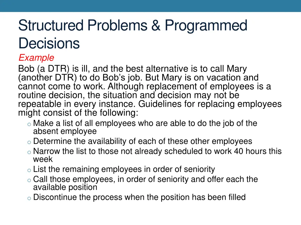 structured problems programmed decisions example