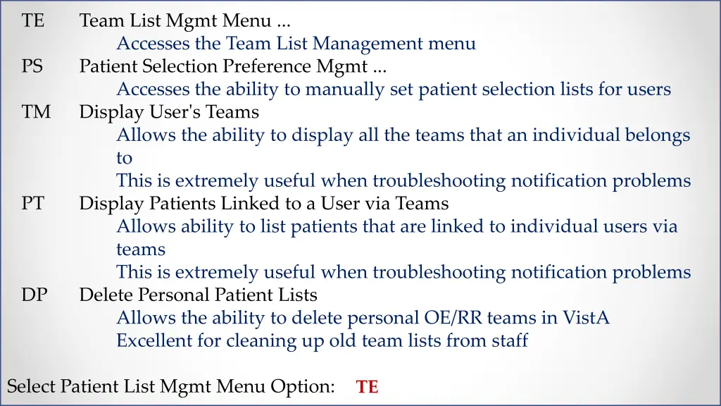 te team list mgmt menu accesses the team list