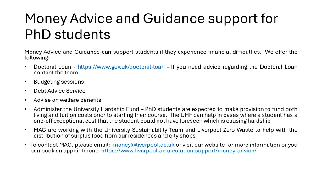 money advice and guidance support for phd students