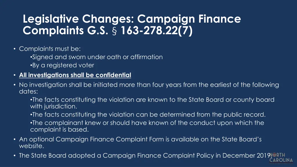 legislative changes campaign finance complaints