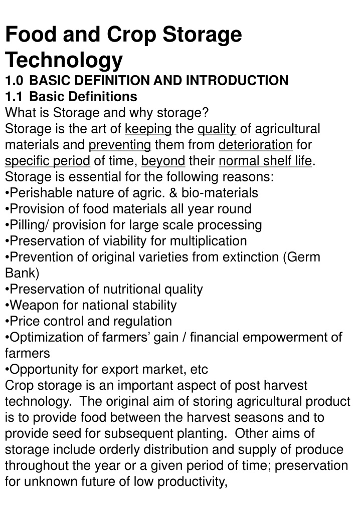 food and crop storage technology 1 0 basic