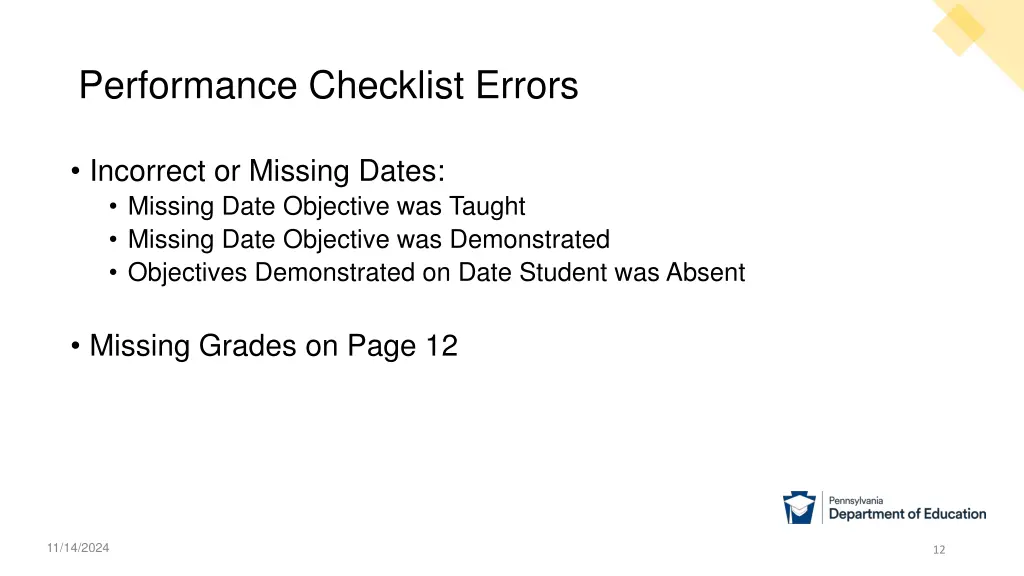 performance checklist errors