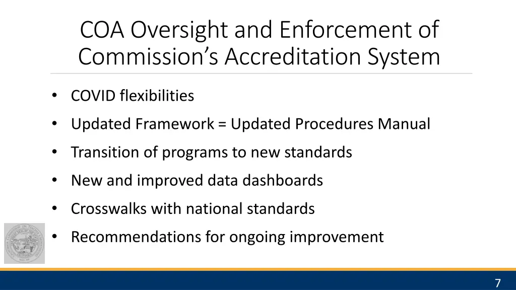coa oversight and enforcement of commission