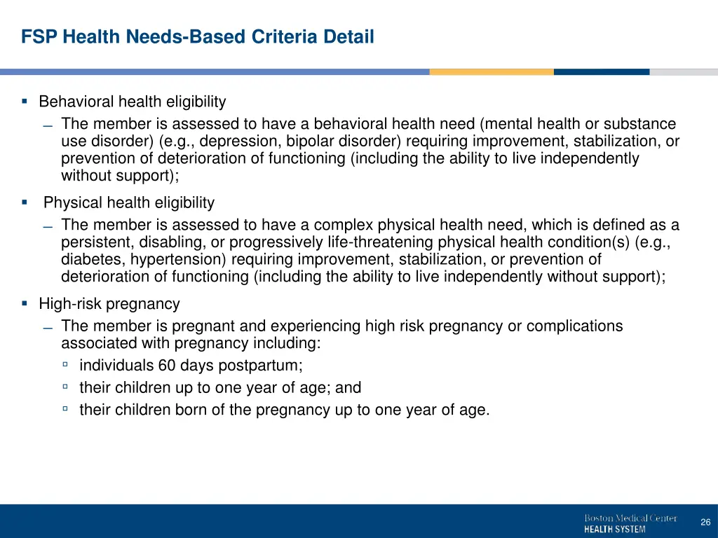 fsp health needs based criteria detail