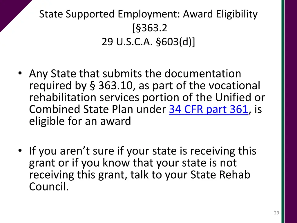 state supported employment award eligibility