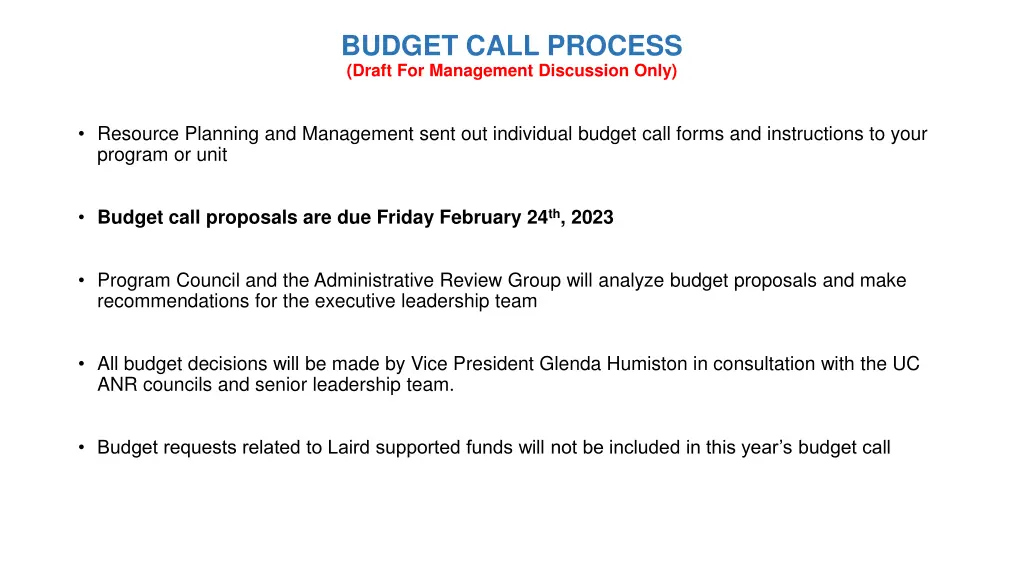budget call process draft for management