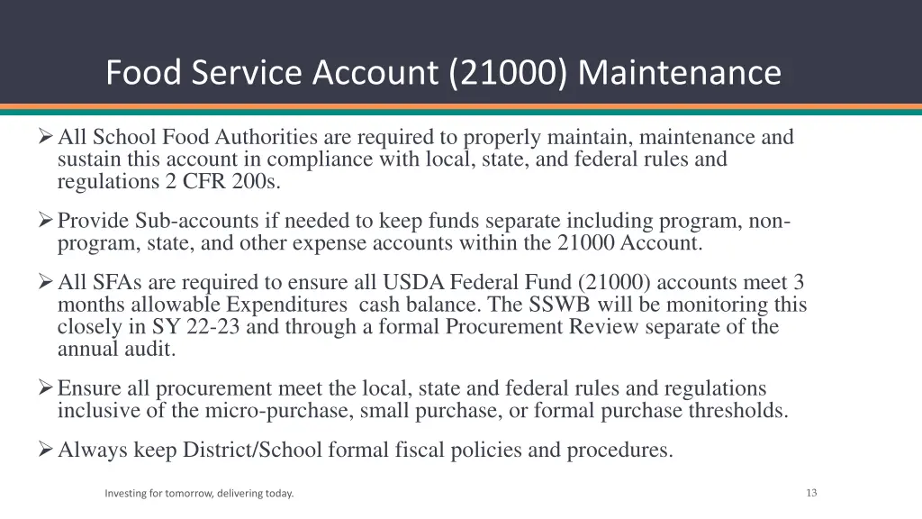 food service account 21000 maintenance