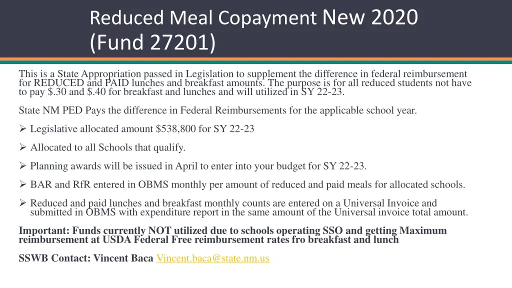 reduced meal copayment new 2020 fund 27201