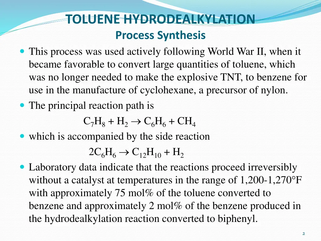 toluene hydrodealkylation process synthesis this