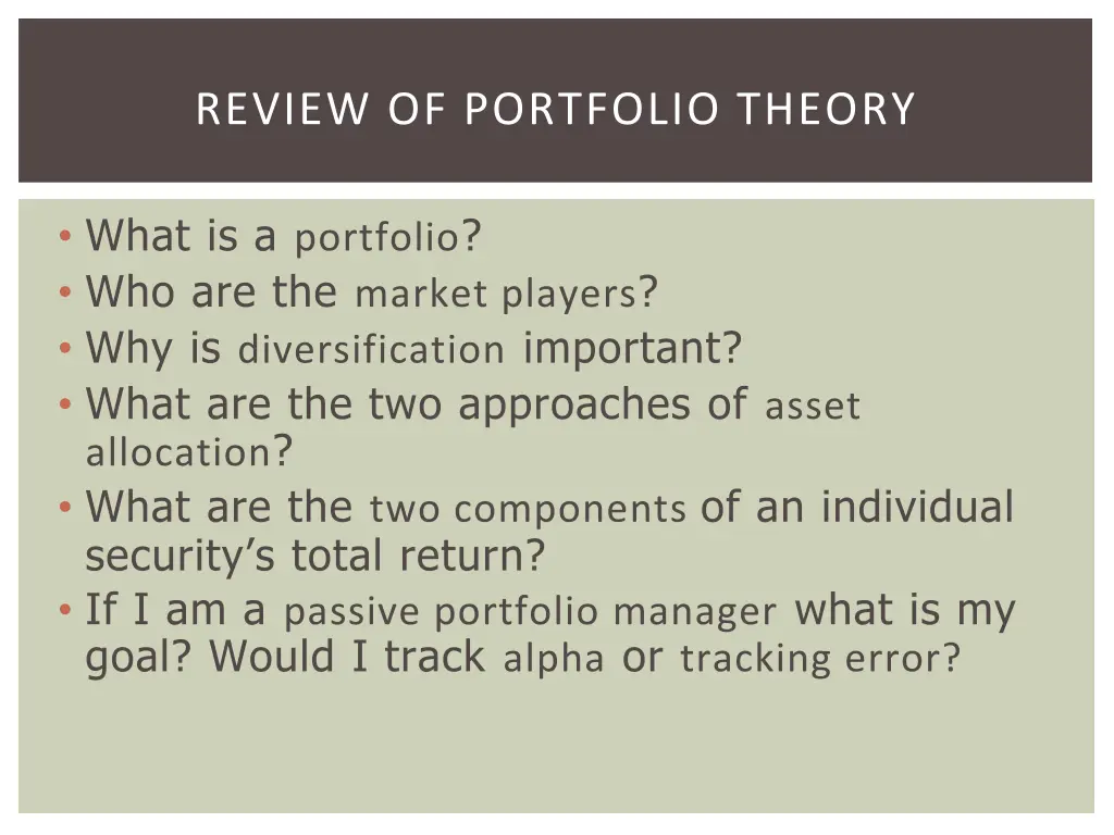 review of portfolio theory