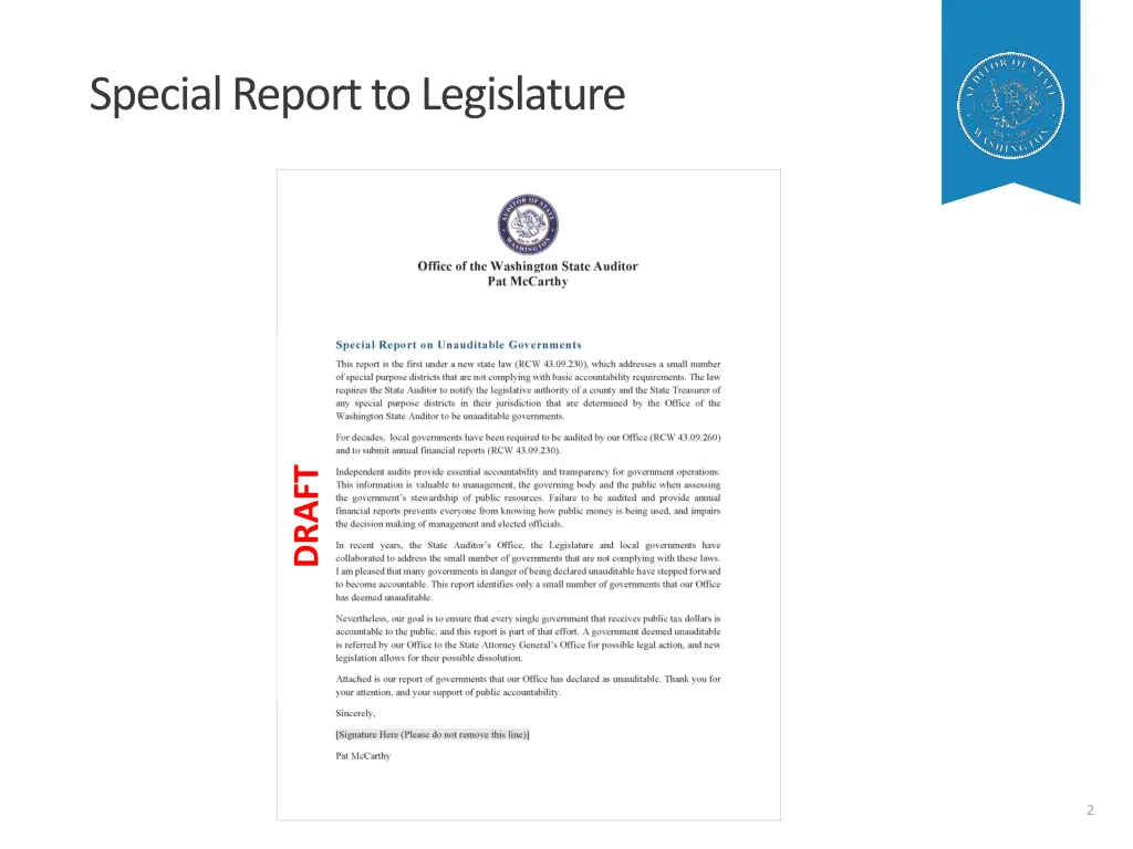 special report to legislature