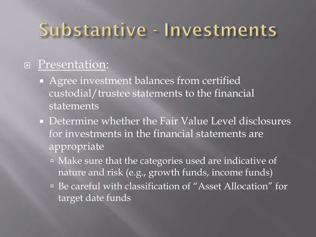 presentation agree investment balances from
