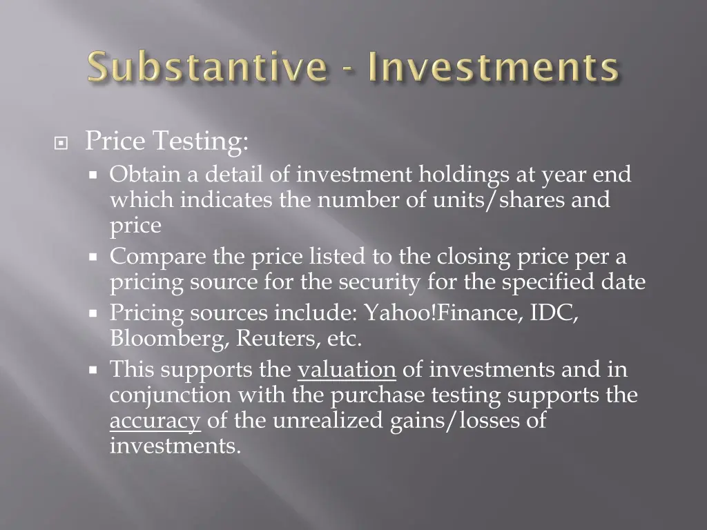 price testing obtain a detail of investment
