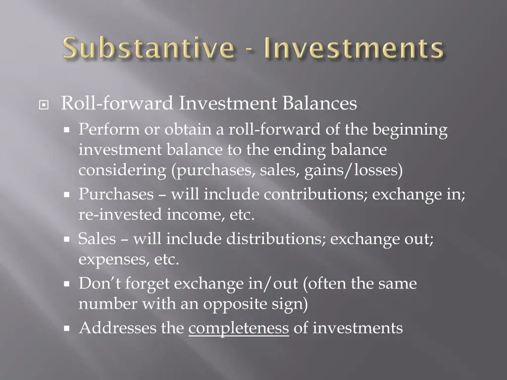 roll forward investment balances perform