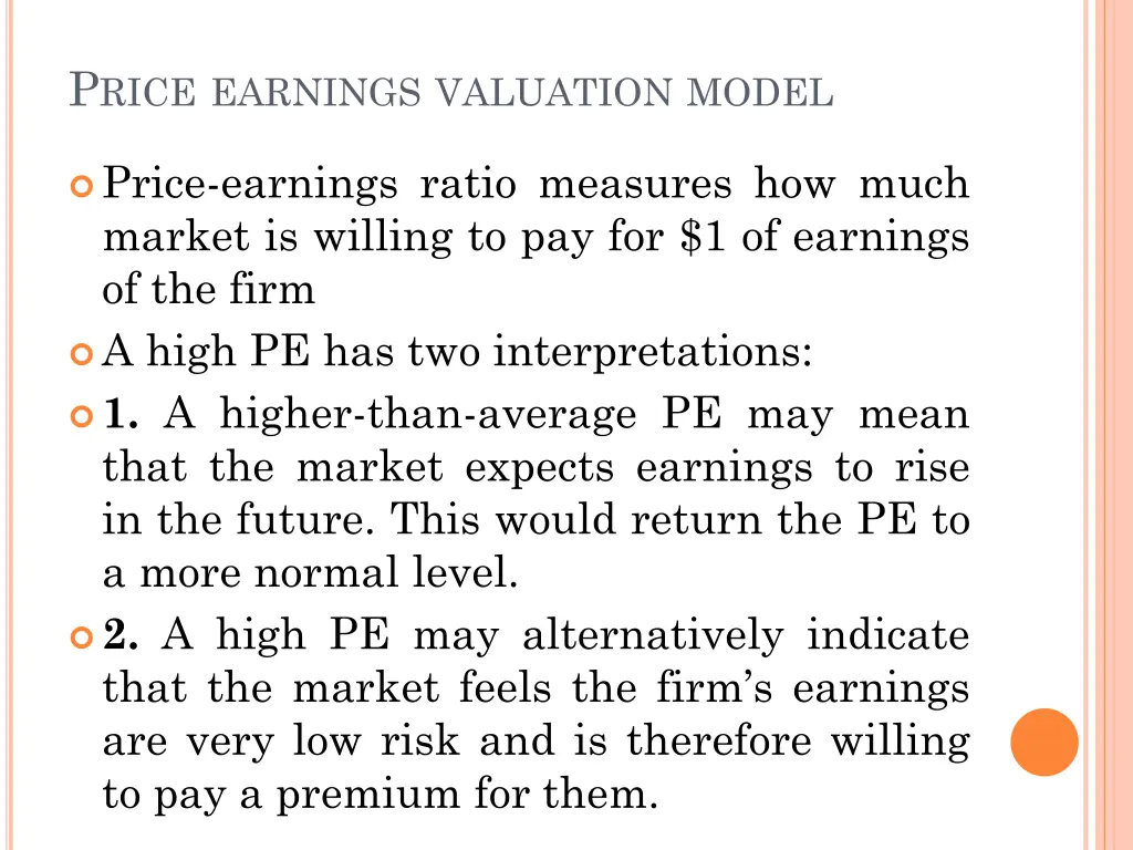 p rice earnings valuation model
