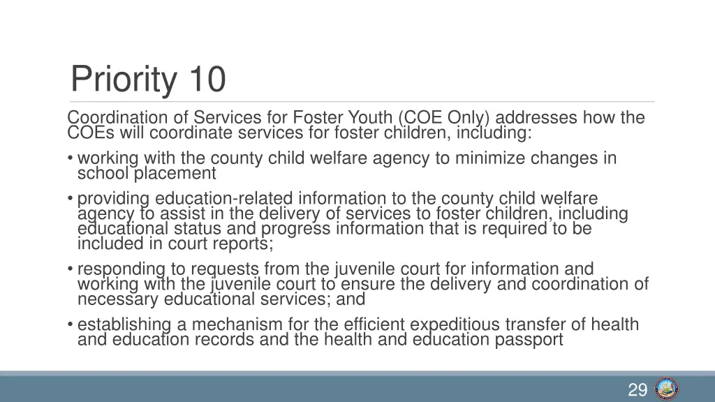 priority 10 coordination of services for foster