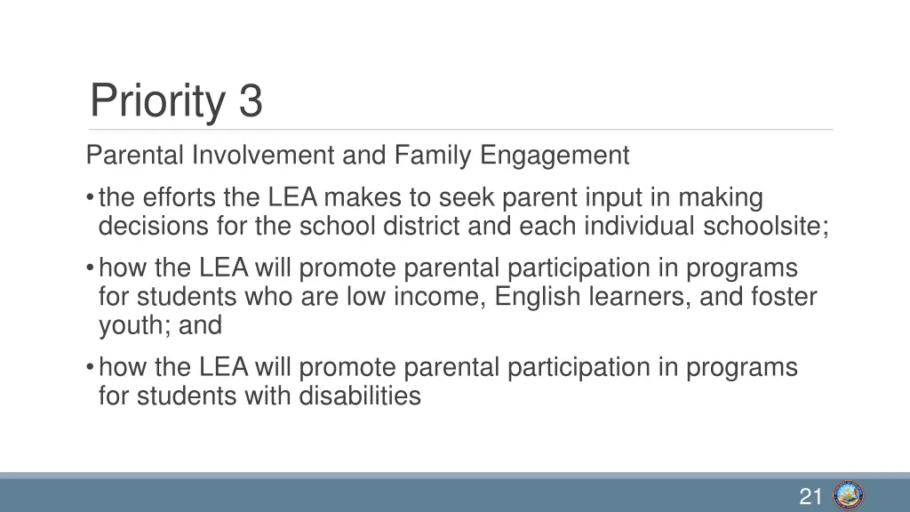 priority 3 parental involvement and family