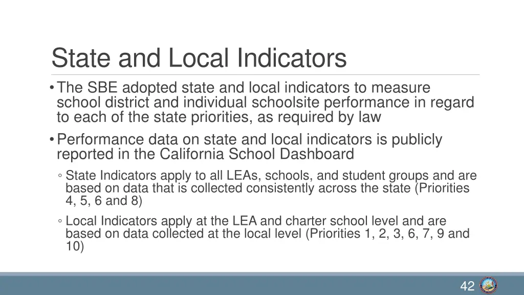 state and local indicators the sbe adopted state
