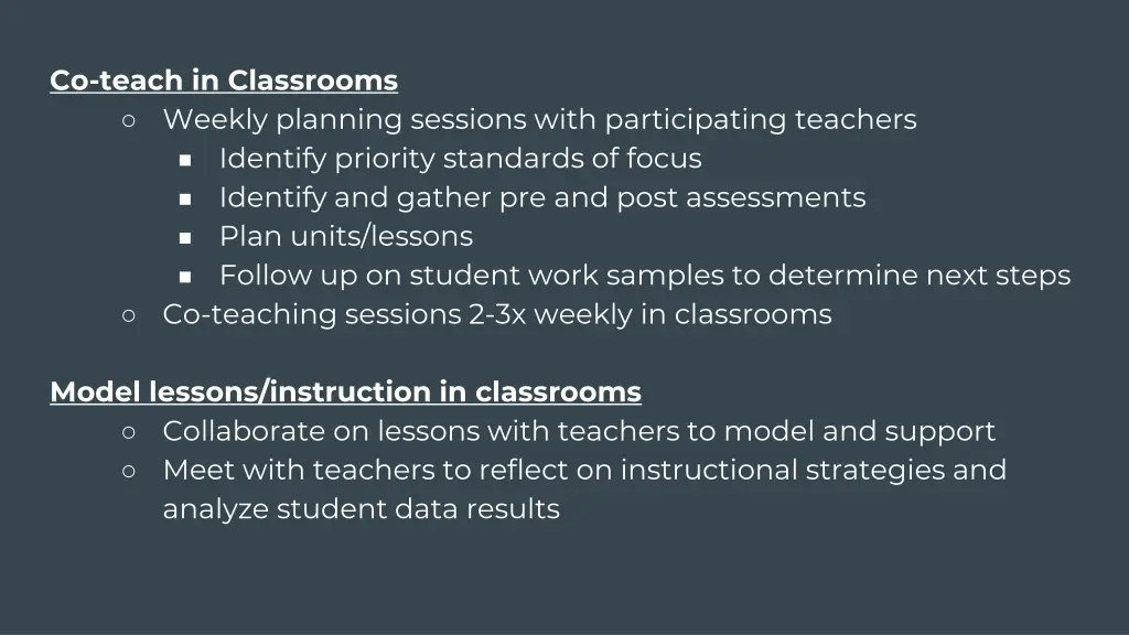 co teach in classrooms weekly planning sessions