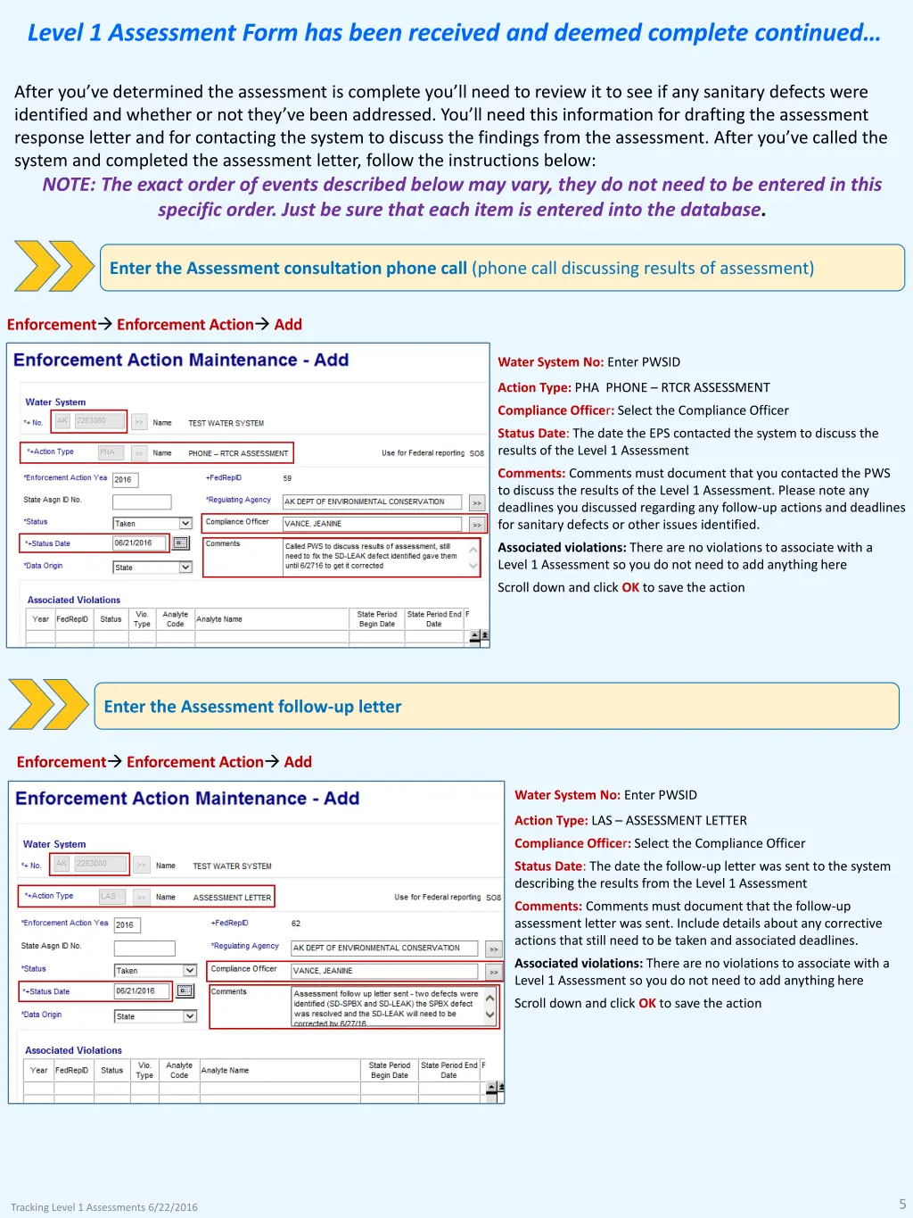 level 1 assessment form has been received 2