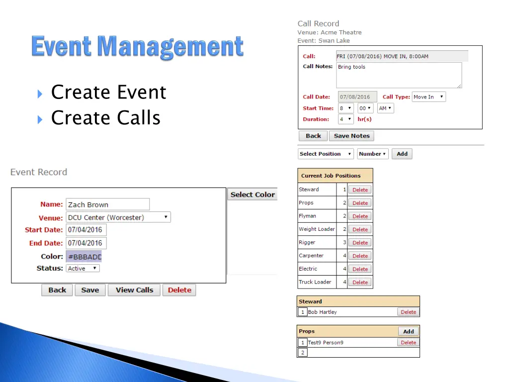 create event create calls