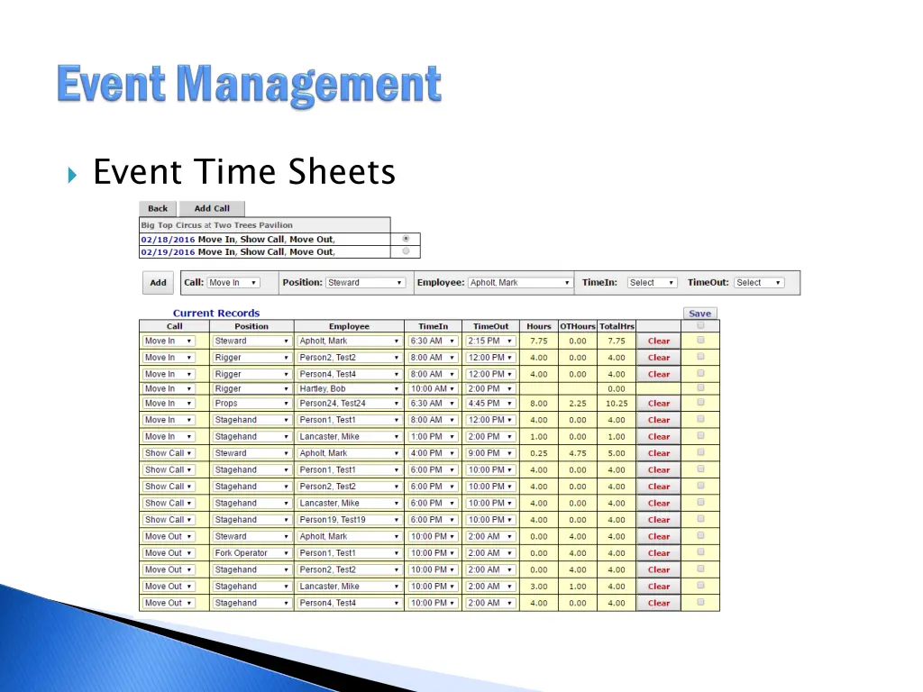 event time sheets