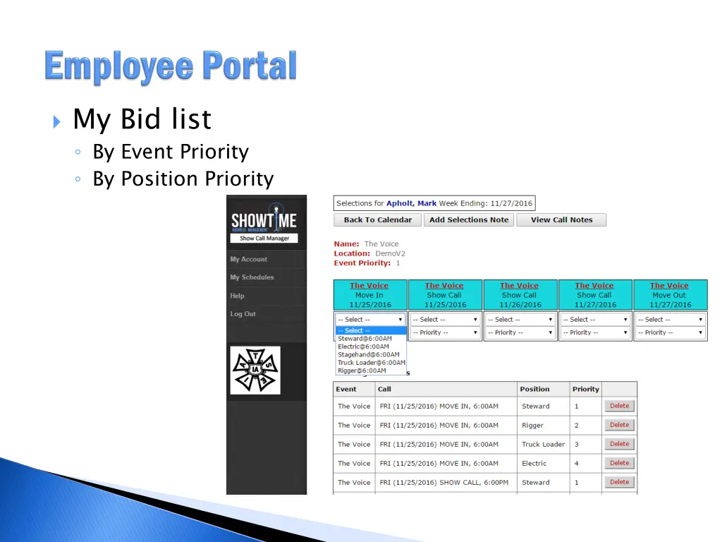 my bid list by event priority by position priority