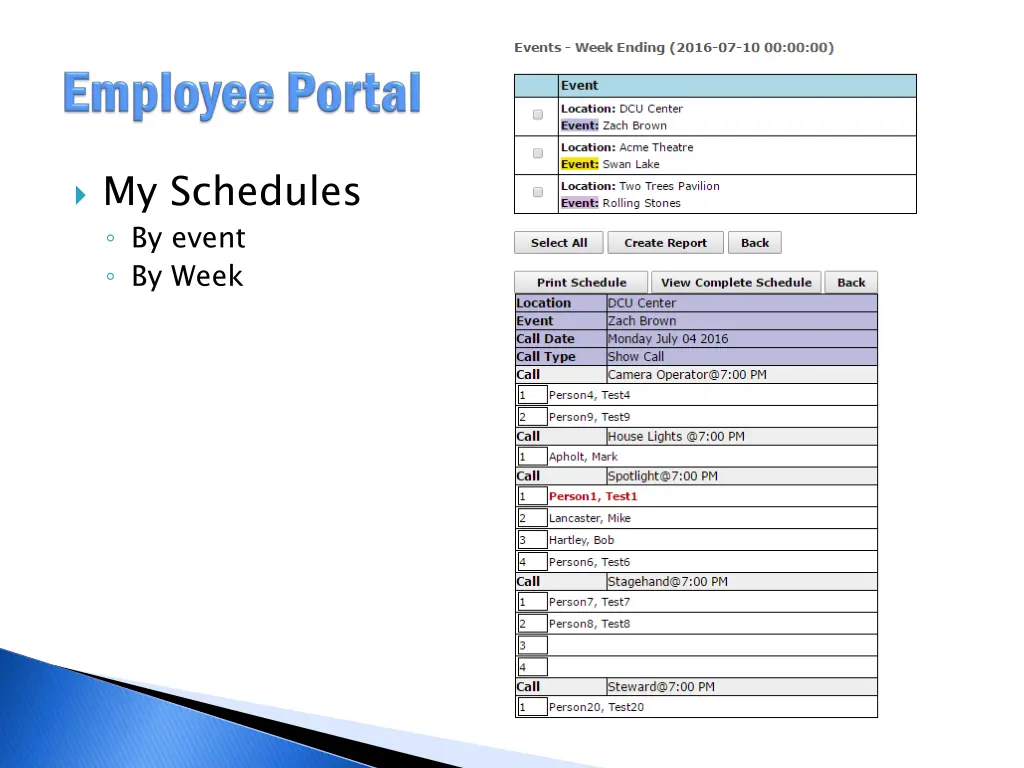 my schedules by event by week