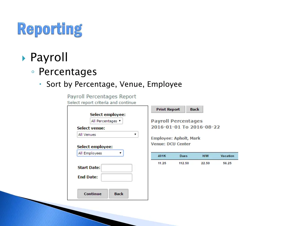 payroll percentages sort by percentage venue