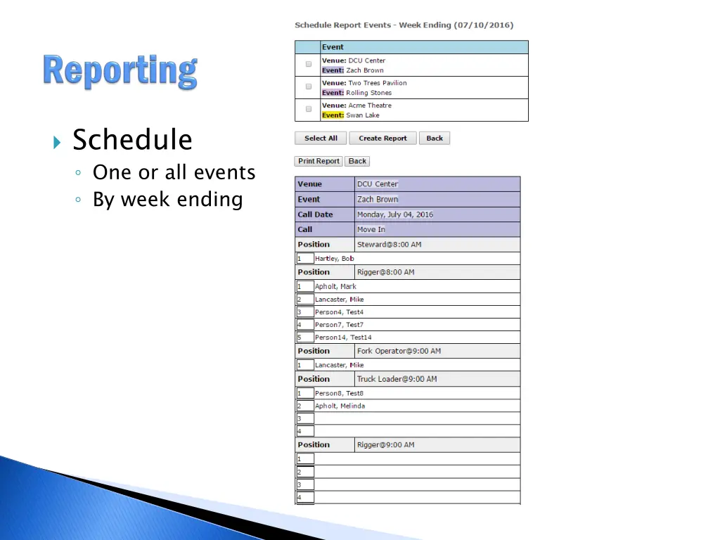 schedule one or all events by week ending
