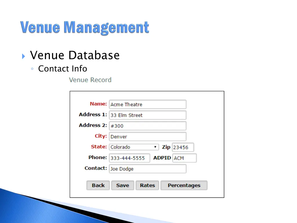 venue database contact info