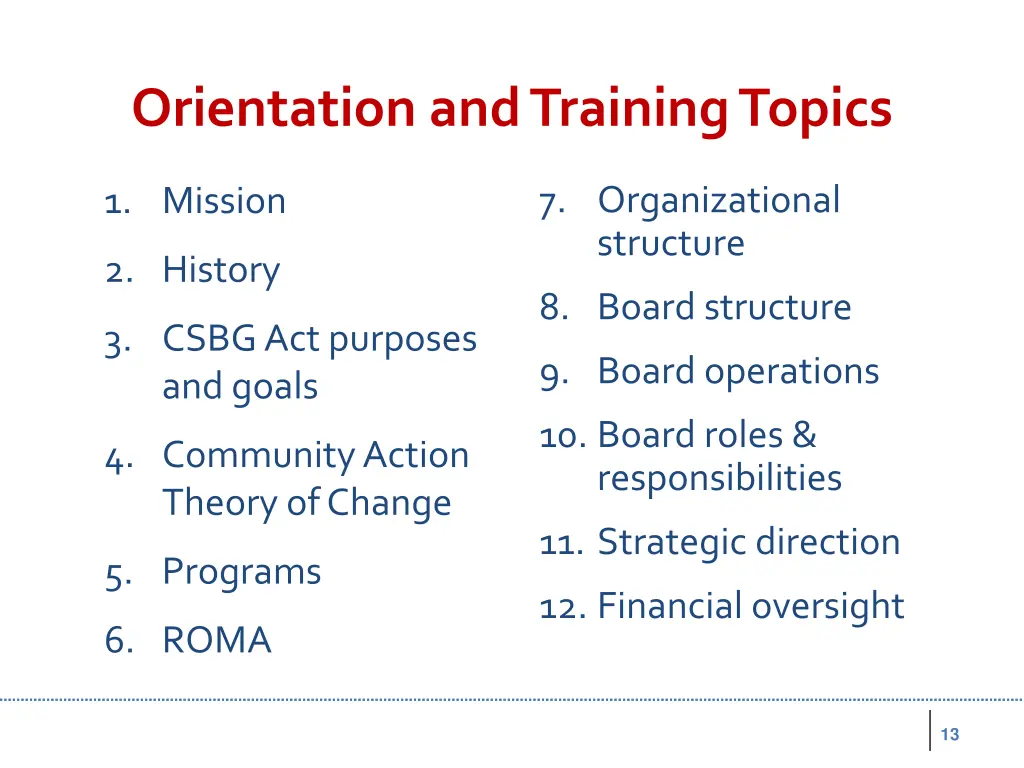 orientation and training topics
