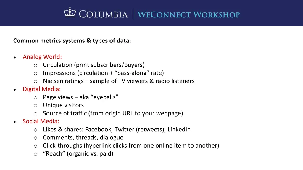common metrics systems types of data