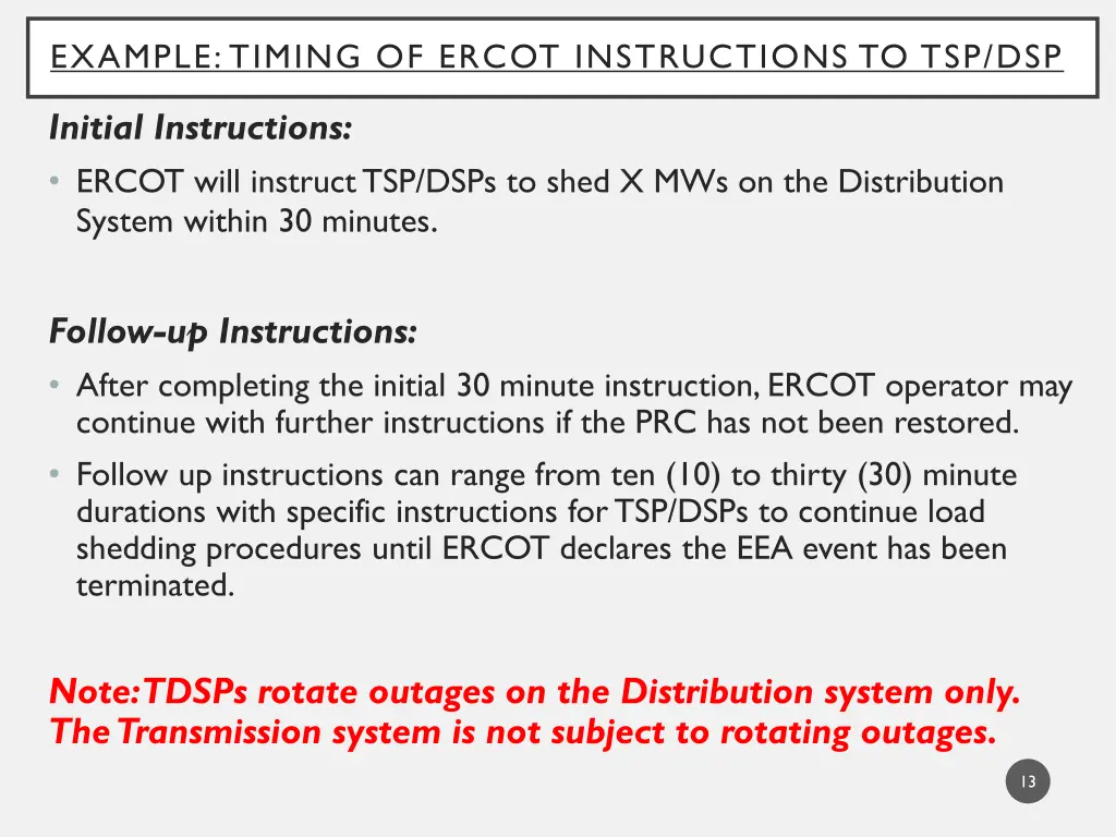 example timing of ercot instructions to tsp dsp