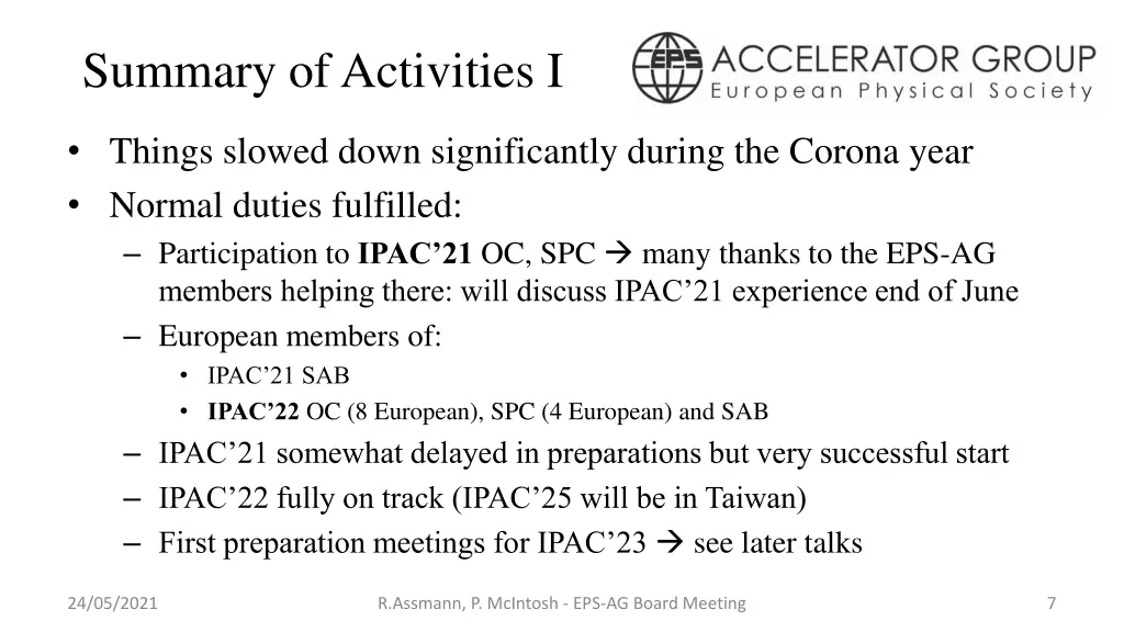 summary of activities i