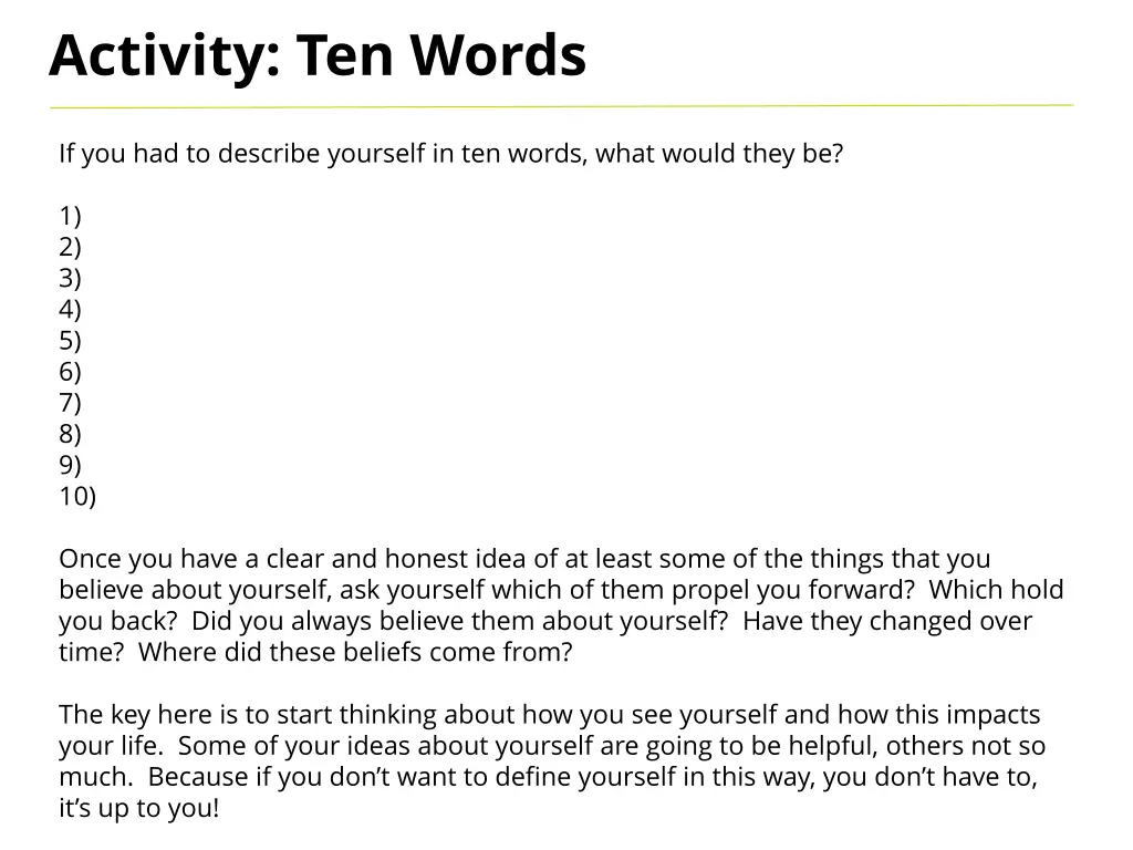 activity ten words