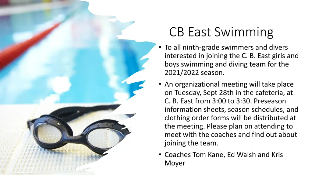 cb east swimming to all ninth grade swimmers
