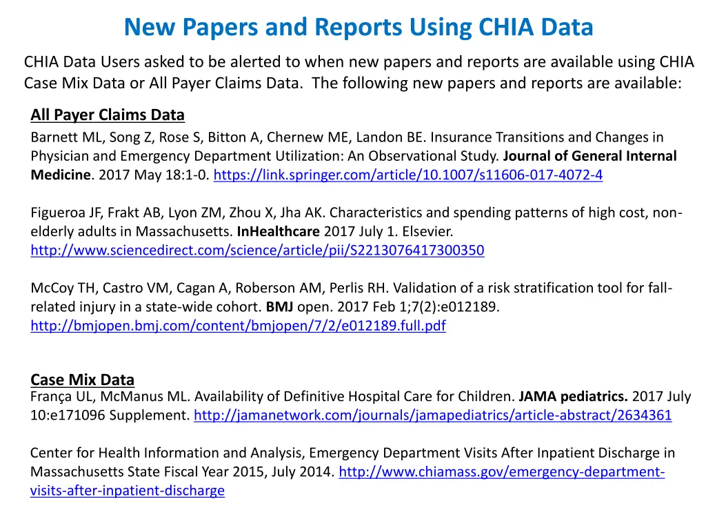 new papers and reports using chia data