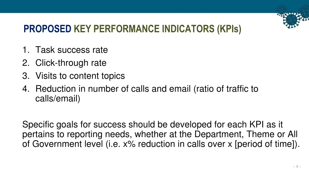 proposed key performance indicators kpis