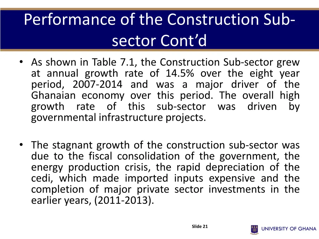 performance of the construction sub sector cont