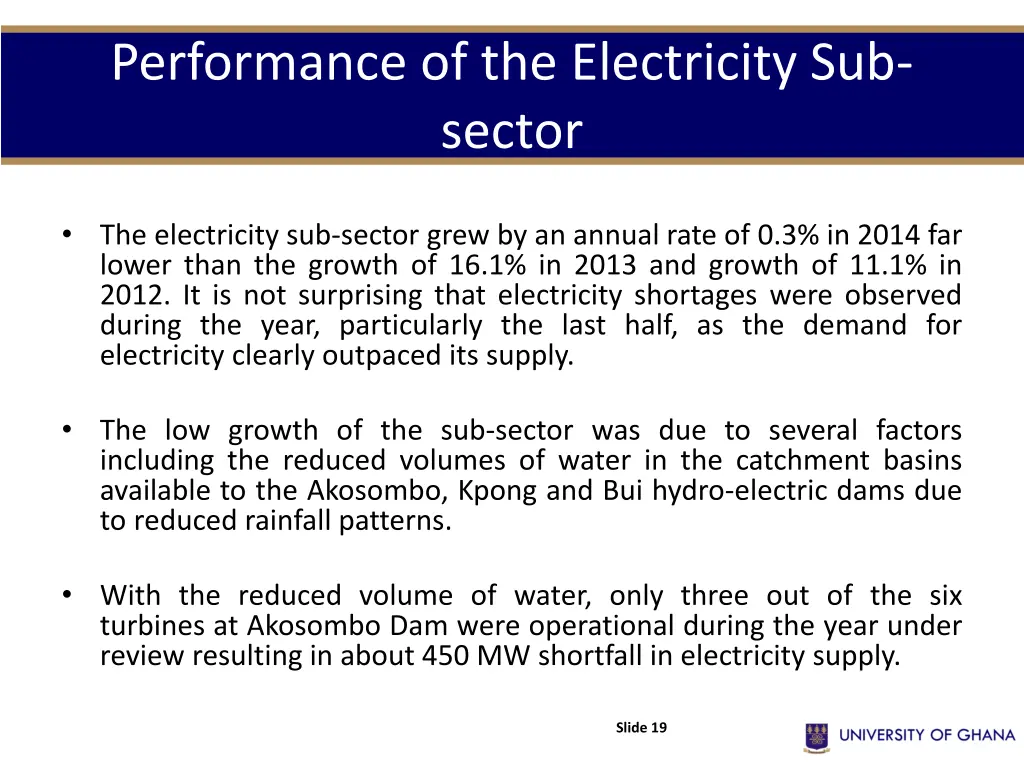 performance of the electricity sub sector