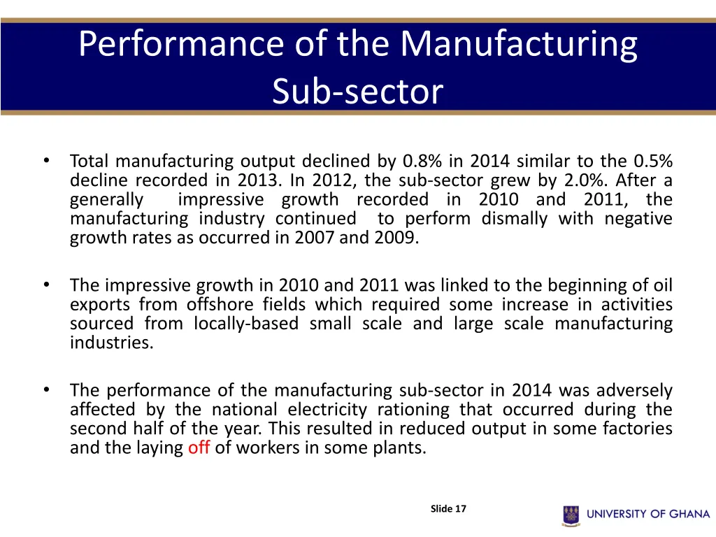 performance of the manufacturing sub sector