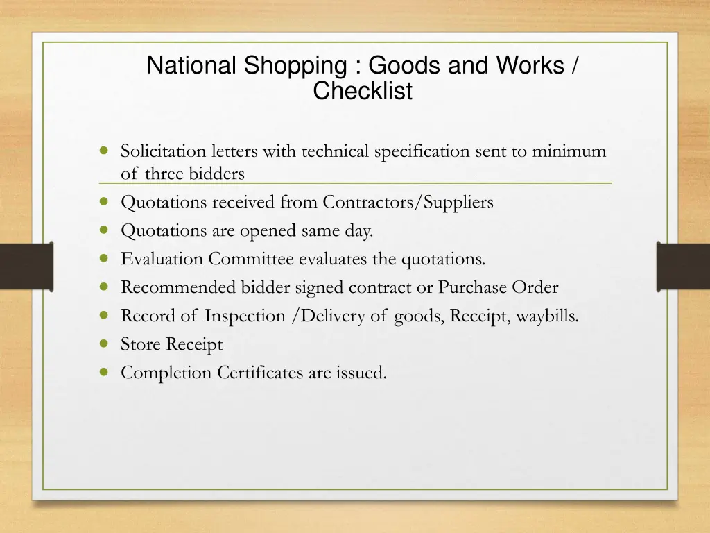 national shopping goods and works checklist